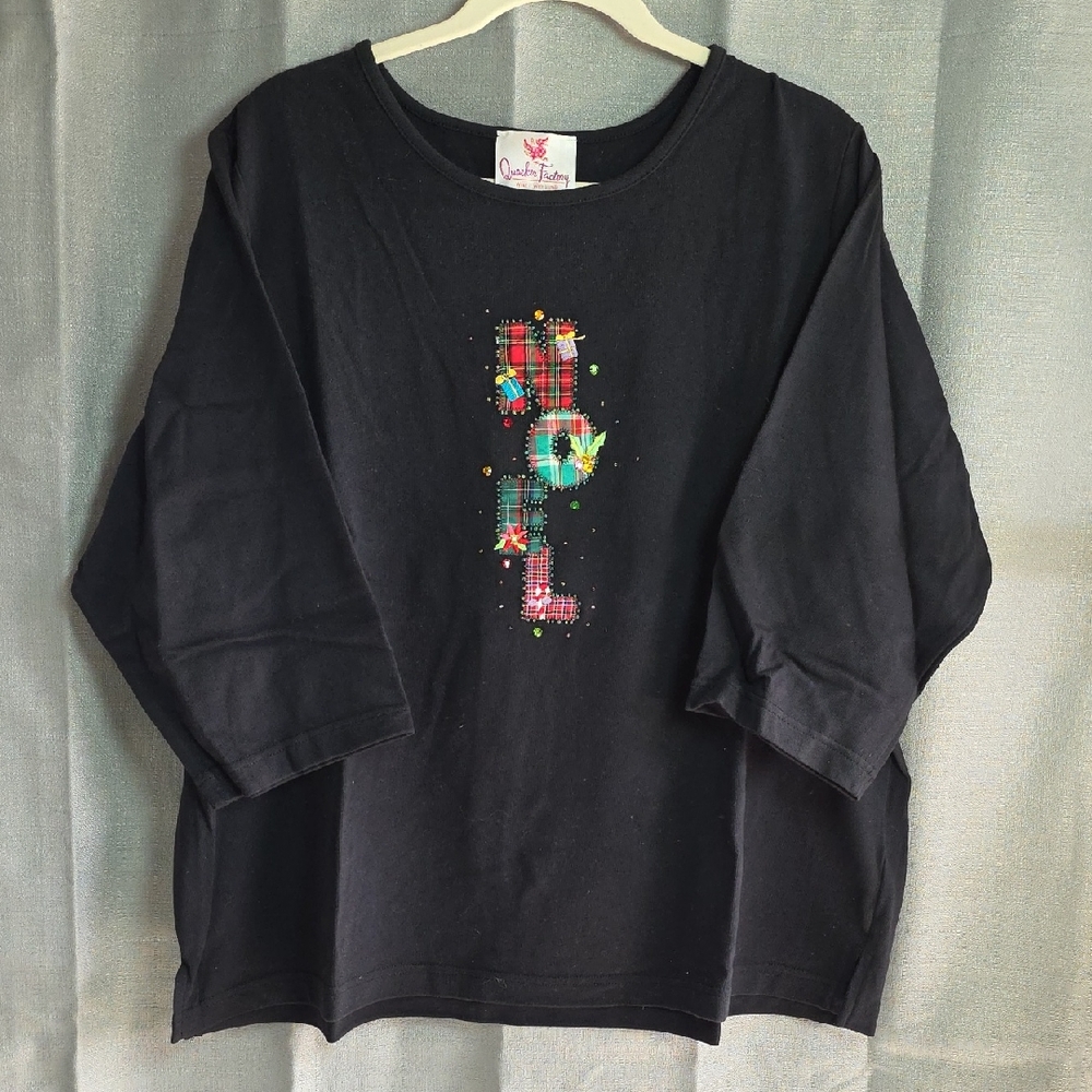 Quacker Factory Black‎ Tee with Colorful Noel Graphic